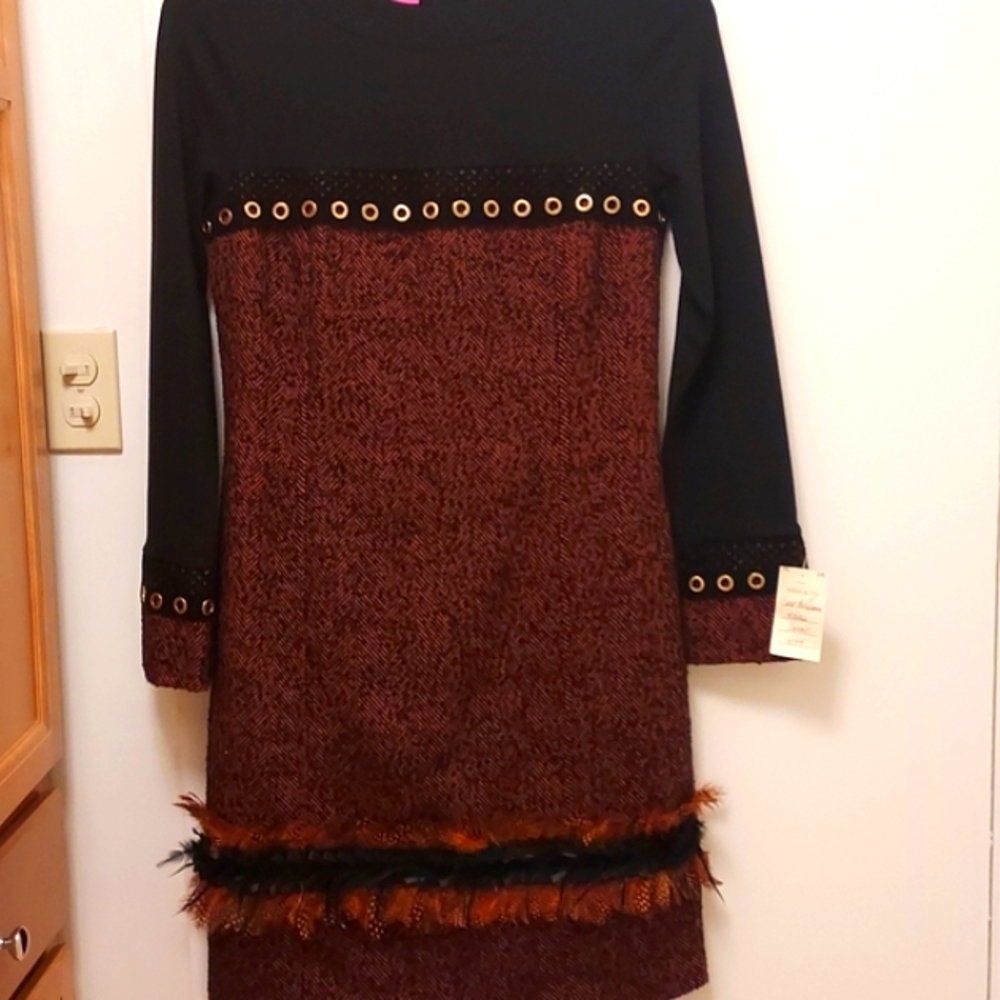 Save the Queen dress with feather trim